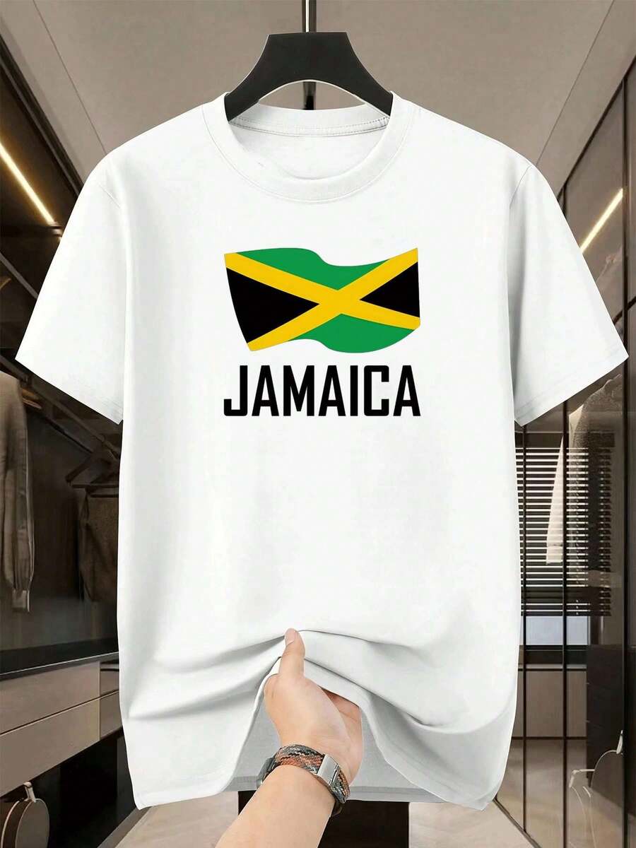Jamaican Flag Pride Reggae , Men's 220gsm New Summer Casual Crew Neck Pure Cotton Short-Sleeved T-Shirt(1 PC) - 白色 - 查看 1