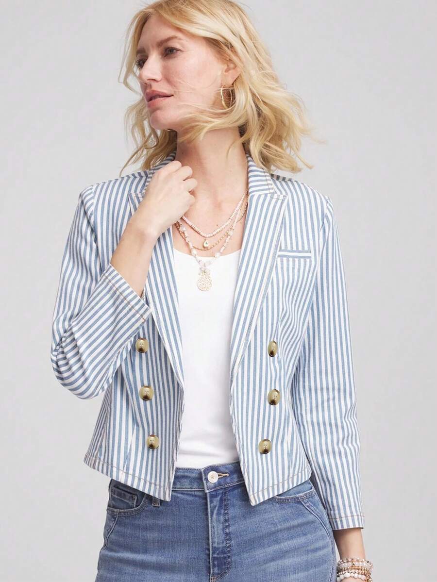 Women's Striped Casual Versatile Blazer - Blue - View 1