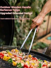 Szczypce do jedzenia ze stali nierdzewnej, dębowe, koreańskie szczypce do grilla, szczypce do steków z drewnianym uchwytem, bardzo długie szczypce do grilla, odpowiednie do hoteli/domu/na zewnątrz/do ogrodu/na grilla, na Boże Narodzenie i Halloween