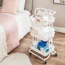 SONGMICS Carrello mobile a 3 livelli, carrello con ruote, scaffale con manico, 2 barattoli, 2 freni, cestelli in plastica, montaggio semplice, per camera da letto, cucina, bianco - Bianco - Visualizzare 2