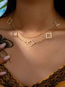 1pc 2025 New Minimalist Long Hollow Four-Leaf Clover Necklace, Elegant Gold Lucky Grass Chain Necklace For Women