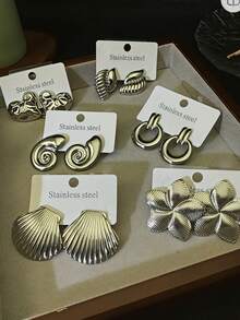 24 Pieces Of Fashionable, Simple, Exquisite, Elegant And Retro, Stainless Steel Flower Twisted Butterfly Heart Geometric Round Asymmetric Wide Face Exaggerated Metal Style Earrings/Stud Earrings Multi-Piece Set, Holiday Vacation Party Date Gift, Daily Wear Random Shipment, Factory Direct - Silver - View 3