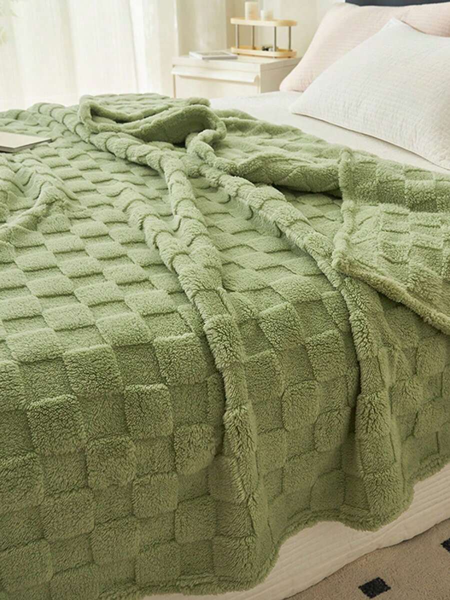 1 件浅绿色华夫格毛绒柔软舒适毛毯，适合卧室和客房