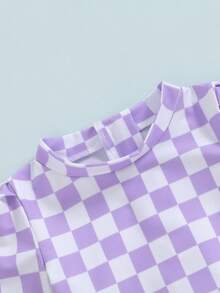 Girls Bikini Beach Swimwear Long Sleeve Checkerboard Print Ruffle Romper Bathing Suit - Morado - Ver 7