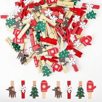12pcs/25pcs/100pcs Mixed Styles Christmas Wood Clips Christmas Tree Photo Clips Elk Gloves Snowflake Clothespins DIY Photo Pegs For New Year Party Photo Wall Clip Decoration Christmas Ornaments Home School Art Craft Decor
