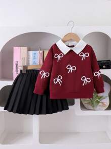 2pcs Young Girls Fashion Bow Embroidered Collar Long Sleeve Top And Pleated Skirt Set, Spring/Autumn