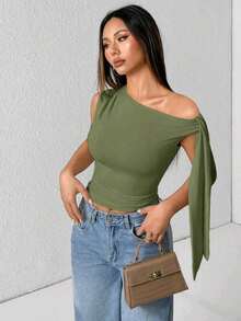 Elegant Suplex T-Shirt Top With Asymmetrical Shoulders And Straps, Ideal For Daily Use, Outings, Nightclubs, Parties, Halloween Costumes - 軍綠色 - 查看 7
