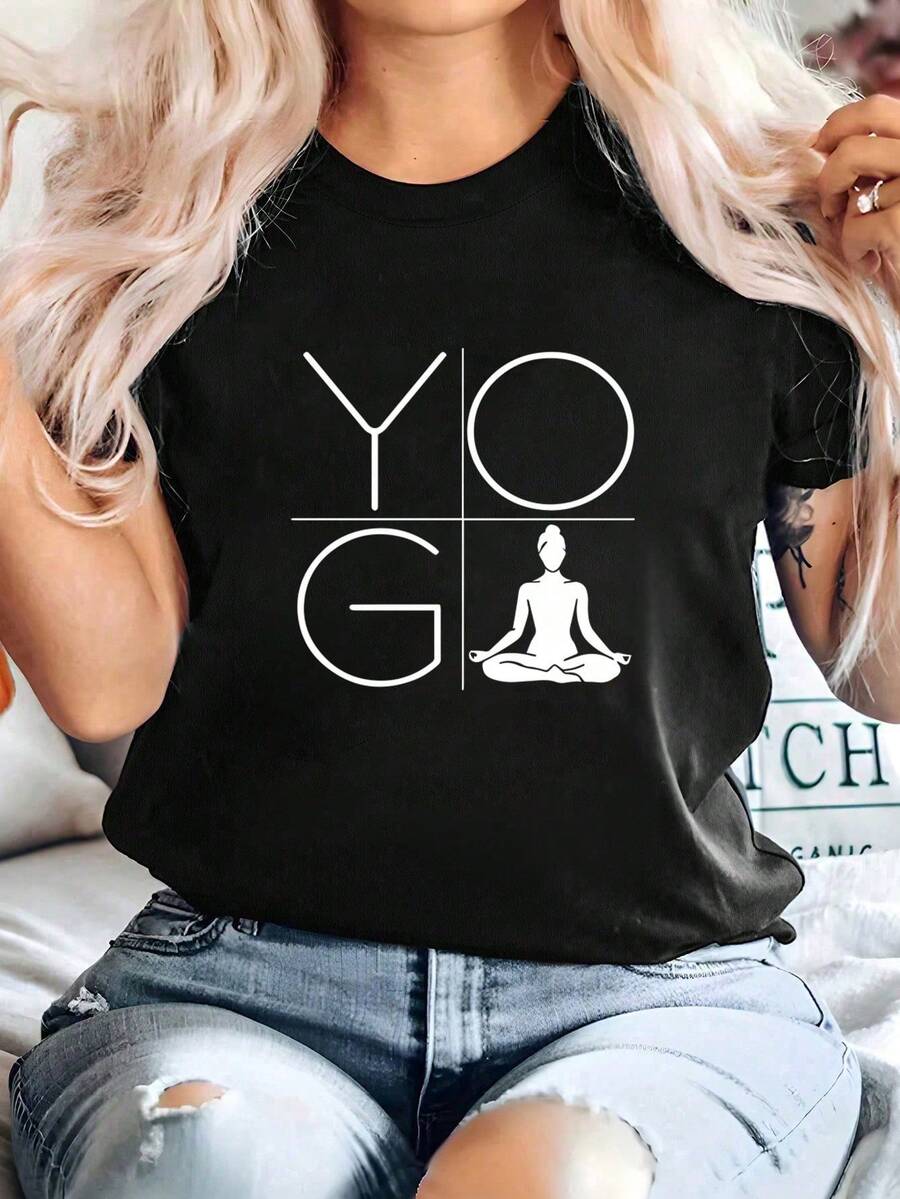 Mujer Camiseta de mujer México Envío Tela transpirable de alta calidad Estampado de Lavado a máquina Fresco Deportes Cuello redondo Casual Manga corta Versátil Nueva Era Lavable a máquina, top casual de cuello redondo de deportes de trabajo estudiantil, moda cómoda y moderna |vestidos de mujer verano almacen localCamisa negra con el mensaje "YO YO GA" y un icono de una persona en postura de meditación, perfecta para practicantes de yoga y amantes de la salud y el estilo casual - Negro - Ver 1