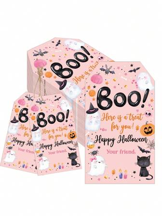 Tag regalo di Ognissanti con corda "Boo" per festa di compleanno, tag festa di Ognissanti a tema zucca, fantasma rosa spettrale, tag regalo per feste e dolcetto o scherzetto