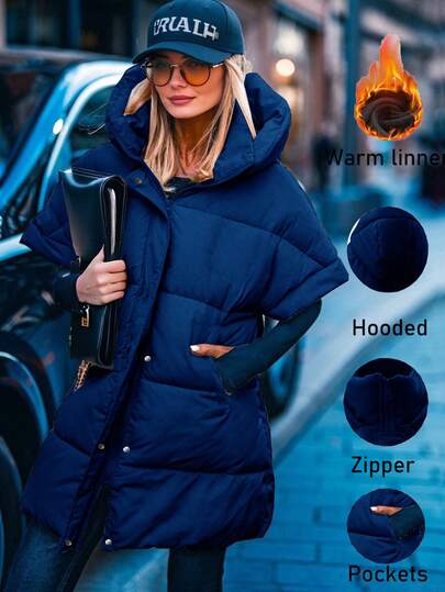 Women's Solid Color Short Sleeve Quilted Hooded Jacket, Autumn/Winter