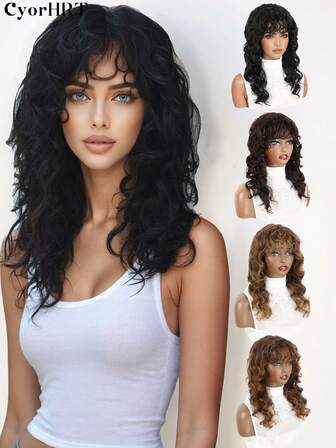 Peluca rizada y ondulada de 18 pulgadas con flequillo - Pieza de cabello sintético de onda profunda hasta los hombros para mujeres en negro, marrón y aspecto natural, resistente al calor para uso diario, fiestas y vacaciones