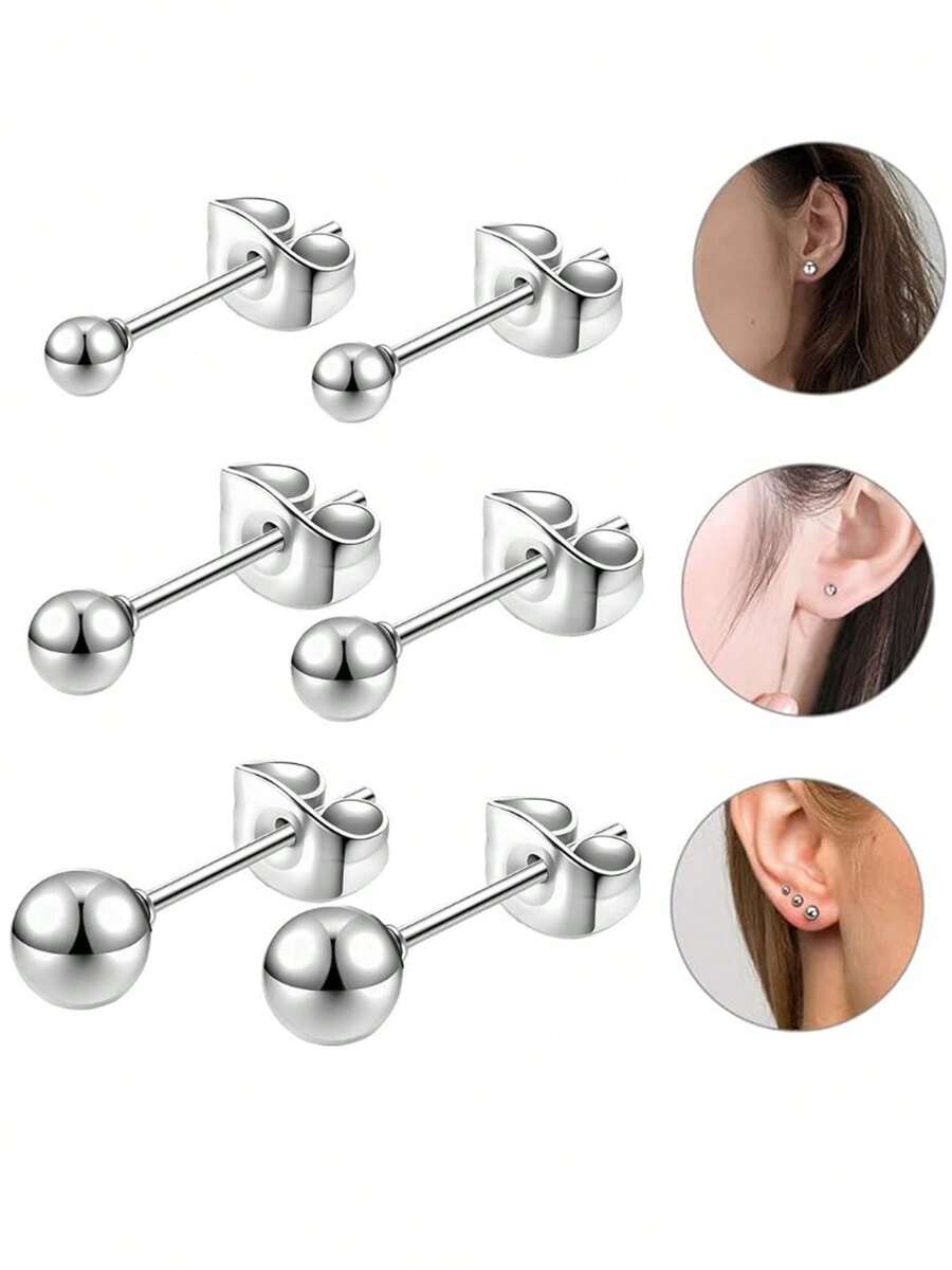6pcs/Set Stainless Steel Hypoallergenic Small Stud Earrings | 3-5mm Ball Studs | Suitable For Daily Wear And Holiday Outfits | Perfect Body Piercing Jewelry Gift - Ball Earrings - View 1