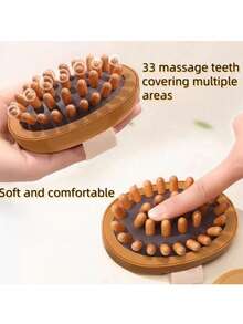 1 件手持仿木头皮和身体按摩器梳子，圆形木质按摩刷，防滑柔性手柄，仿木头部按摩刷，天然穴位经络治疗刷，用于头部放松，放松和缓解压力，抗脂肪塑身，精油水疗和缓解肌肉疼痛，便携式日常用木梳，光滑经络刷，适合健康按摩的全身按摩器