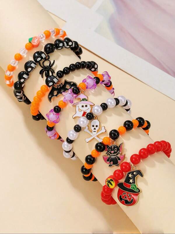 1/3/7 piezas Pulsera con colgante de fantasma, araña y murciélago con cuentas, con estilo y divertida, adecuada para decoración de Halloween y pequeños regalos