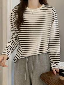 Women's Loose Casual Striped Round Neck Drop Shoulder Long Sleeve T-Shirt