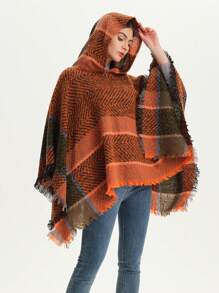 Women's Hooded Fishbone Pattern Poncho Cloak, Suitable For Spring, Autumn And Winter - Hooded Cape Pullover - View 4