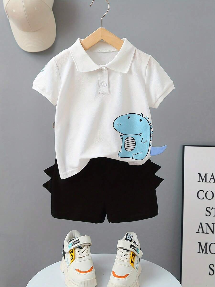 Young Boy Fashionable Dinosaur Print Crop Sleeve Polo Shirt+Solid Crop Pants 2pcs/Set Casual Outfits - White - View 1