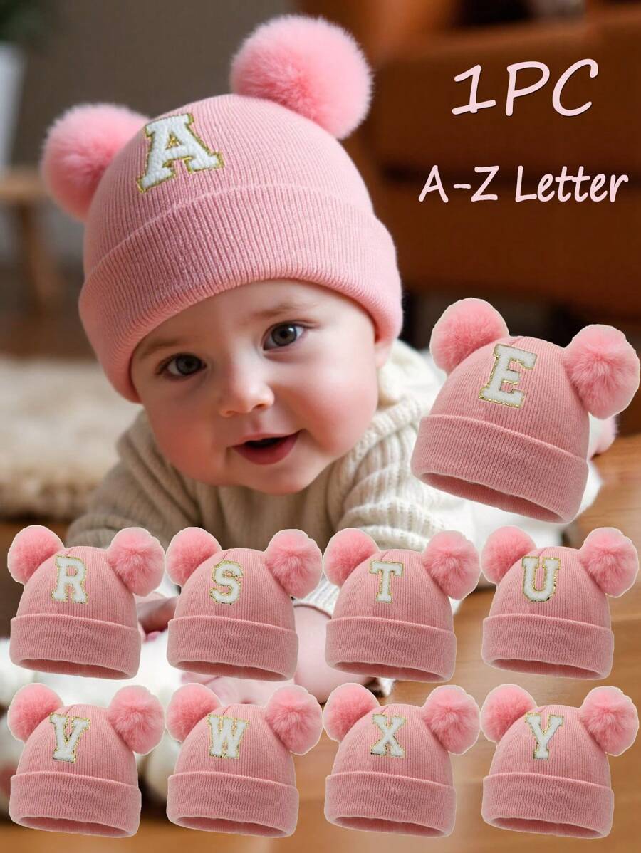 1 件婴儿字母针织帽，柔软、温暖、舒适，适合男孩和女孩秋冬季户外使用。 - 粉色 - 查看 1