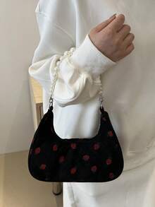 时尚珍珠链手提包，花卉面料休闲新月草莓图案单肩托特包女士