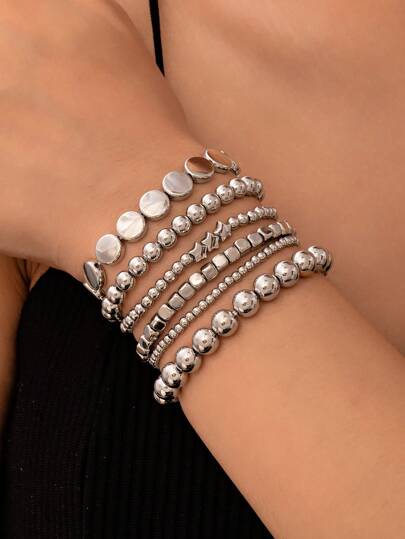 6 Stücke/Set modischer minimalistischer CCB-Materialarmbandsatz mit asymmetrischen runden Perlen und geometrischen quadratischen Perlen für Urlaub, Reisen, Einkaufen, Fotografie, Bar, Nachtclub, Lässig, tägliches Outfit Kombinieren und Tragen