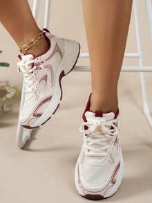 Women's Round Toe Lace-Up Thick Sole Student Casual Comfortable Running Sneakers - Red - View 2