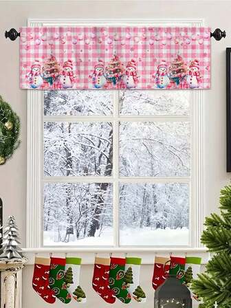 45*140cm jultemagardin, fönsterdekoration - rosa pläd, snögubbe, julgransmönstergardin med stångficka, lämplig för kök, sovrum, kontor och vardagsrumsdekoration, polyestermaterial, juldekoration för hemmet året runt