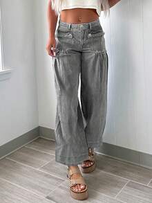 Fashionable Personalized Street Style Commuting Design Pleated Front Pocket Women Loose Straight Leg Jeans - Light Grey - View 3