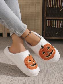 New Halloween Pumpkin Head Thick Plush Slippers, Warm Indoor/Outdoor Anti-Slip Wear-Resistant Fluffy Slippers For Men & Women, Autumn/Winter