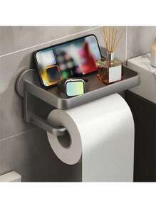 Plastic Bathroom Toilet Paper Towel Tissue Box, Wall Mounted Dispenser Holder & Mobile Phone Storage Rack, Black/White/Gray Adhesive Carbon Steel Paper Holder With Shelf, Wall Hanging Bathroom Tissue Dispenser, No Drilling Required Toilet Paper Holder,Stainless Steel Paper Towels Holder,Adhesive Roll Paper Stand,Toilet Paper Dispenser, Bathroom Accessories, Room Decor