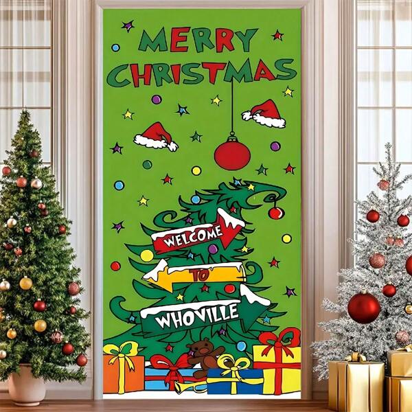2D Türfahne, 1 Stück Weihnachts-Türfahne - Polyester Hängeschild mit "Fröhliche Weihnachten" und "Willkommen in Whoville" Design, Innen-/Außenbereich Feiertagseingangsdekor, 90 x 180 cm, Feiertagseingangsdekor | Weihnachtsdesign
