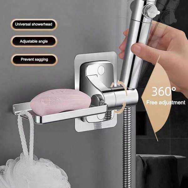 Shower Head Holder Without Drilling, 3m Handheld Shower Head Holder Adhesive, 260°Adjustable Shower Wand Holder Wall Mount, Shower Head Bracket With Hook And Soap Box