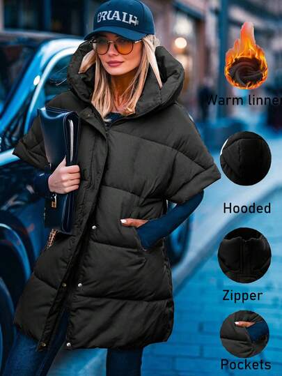 Women's Casual Short Sleeve Quilted Hooded Jacket, Autumn/Winter