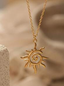 1pc Simple 18k Gold Plating Stainless Steel Sunburst Sun Ray Delicate Pendant Women Necklace Sprial Pendant Jewelry Collarbone Chain For Women Summer Wear