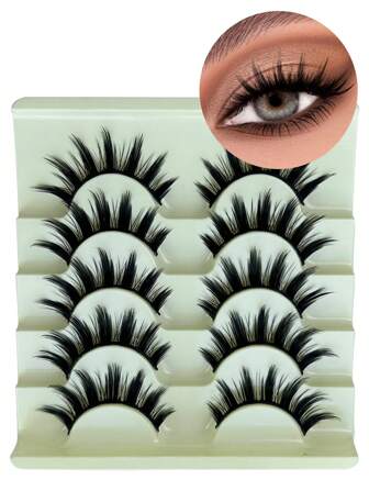5对装 尖头漫画假睫毛 自然长款 Cosplay 妆容假睫毛 交叉黑带尖头猫眼假睫毛 手工制作 D 卷度条状仿貂毛假睫毛 轻盈可重复使用 动漫假睫毛 化妆用品