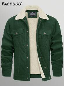 FASBUCO Men's Corduroy Casual Jacket Cotton Sherpa Lined Fleece Lapel Thickened Trucker Jacket Snap Button Coat