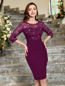 MIUSOL Sequin Floral Lace Round Neck Bodycon Semi-Formal Party Pencil Dress - Maroon - View 8