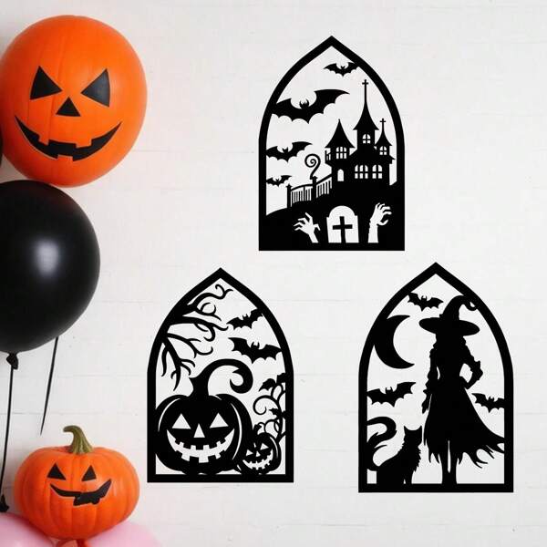 1 PIEZA Decoración de pared de hierro gótico - Silueta de castillo de Halloween con murciélagos y manos de zombi, decoración de metal a prueba de óxido para el hogar, oficina o bar