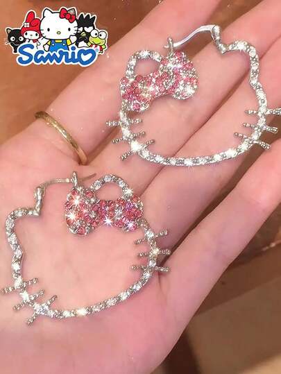 Sanrio أقراط هوب كامل الماس بتصميم كيتي كيوت وفينتاج، أقراط أوروبية وأمريكية مبالغ فيها بتصميم جديد متعدد الاستخدامات - خيار رائع لهدية عيد الميلاد