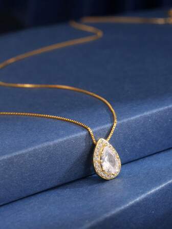 1pc S925 Sterling Silver Necklace, Fashion Water Drop Shaped Cubic Zirconia Pendant Necklace, Minimalist & Elegant, Gift For Girlfriend/Best Friend, Everyday Wear Clavicle Chain