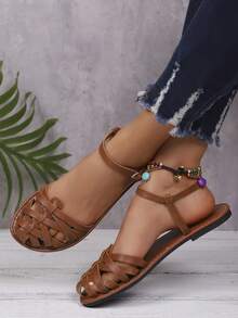 Gorgeous Flat Slide Sandals For Women, New Summer Closed Toe Slip-On Shoes, Fashionable Caged Sandals & Roman Sandals - Brown - View 3
