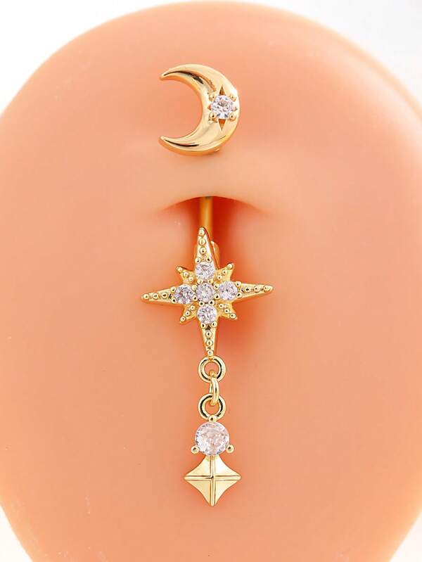 1pc 18K Gold Plated Moon & 8-Pointed Star Navel Ring Pendant, Stainless Steel Classic Belly Button Piercing Jewelry For Daily Wear