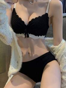 Small Busts Welcome! Sexy Bra/Bra/Underwear, Super-Boosting Bra Set, No Steel Rings - màu đen - Xem 2
