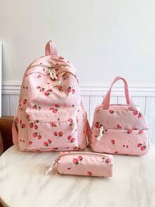 3pcs Backpack Set - Fashionable Large Capacity Backpack + Lunch Bag + Pencil Case, Includes Laptop Compartment, Strawberry Pattern Backpack With Adjustable Shoulder Straps And Spacious Multi-Pockets - Lightweight Zipper Bags, Suitable For Women/Girls/Students/Teens/Graduates, Perfect For Outdoor/Travel/Middle School/High School/College