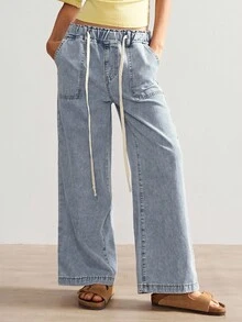 Bohemela 度假休闲水洗抽绳阔腿牛仔裤 - 藍色 - 查看 6