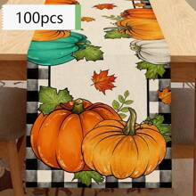 1pc,Table Runner, Thanksgiving Blue And White Porcelain Pumpkin Pattern Printed Linen Table Flag, Home Decor, Suitable For Dining Tables, Universal Seasonal Decoration, Modern Style Washable Table Flag, Heat-Resistant, Stain Resistant, Room Decoration, Table Mat, Kitchen Table Mat, Party Decoration, Home Decoration, Ideal Thanksgiving Gift