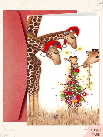 1 Tarjeta de Navidad con sobre con tema de jirafa - Saludo navideño humorístico - Perfecto para amigos, familia y vecinos, ideal para celebraciones de Navidad y Año Nuevo