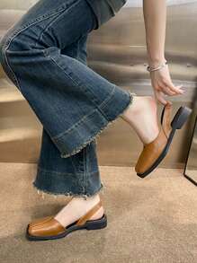 Brown Square Toe Sandals, Women's Flat Casual Sandals, Solid Color Hollow Out Flats For Summer - Brown - View 4