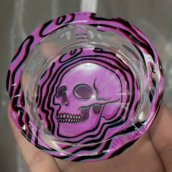85MM Pink Skull Pattern Round Glass Ashtray High Quality Home Ashtray MINI Glass Ashtray Smoking Accessory For Men & Women Charming Cartoon Flower Glass Ashtray Smoking Accessories Christmas Halloween New Year Gifts