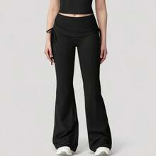 Women's Drawstring Ruched Waist Flared Leg Pants Stretch Fabric Active Yoga Lounge Bottoms - Small, Black - 黑色 - 查看 3