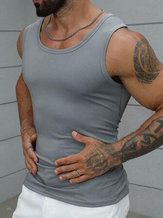 Heavy-Weight Vintage Ribbed Muscle Fit Tank Top, American Style Gym Workout Sleeveless Shirt For Men, Slim Fit